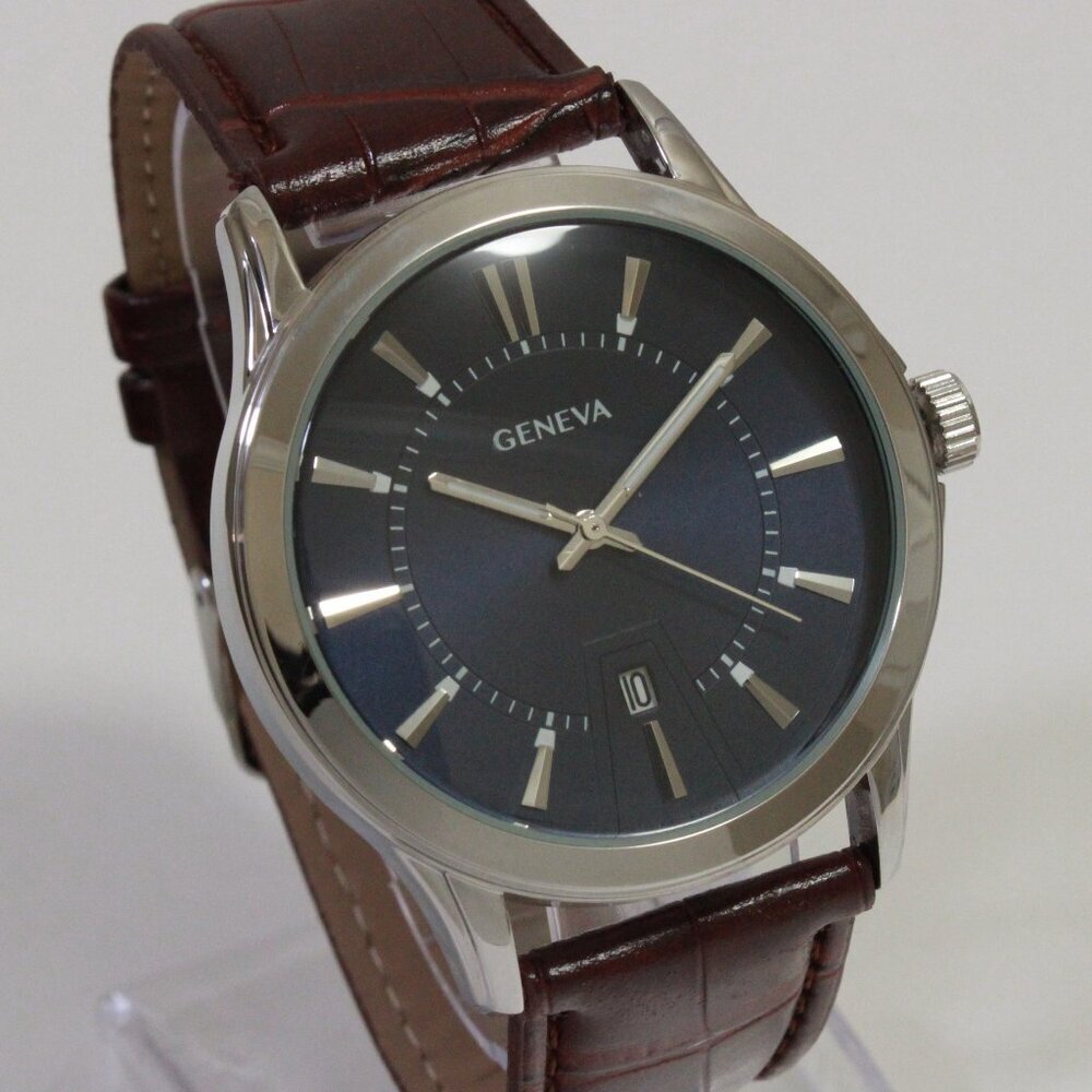 Geneva Men's Dress Watch Silver Tone Navy Blue Dial Brown Strap 42mm - Picture 5 of 13